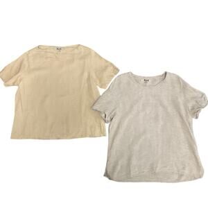 Flax Pure Linen Minimalist Lagenlook Short Sleeve Tan Shirt Set Size Medium